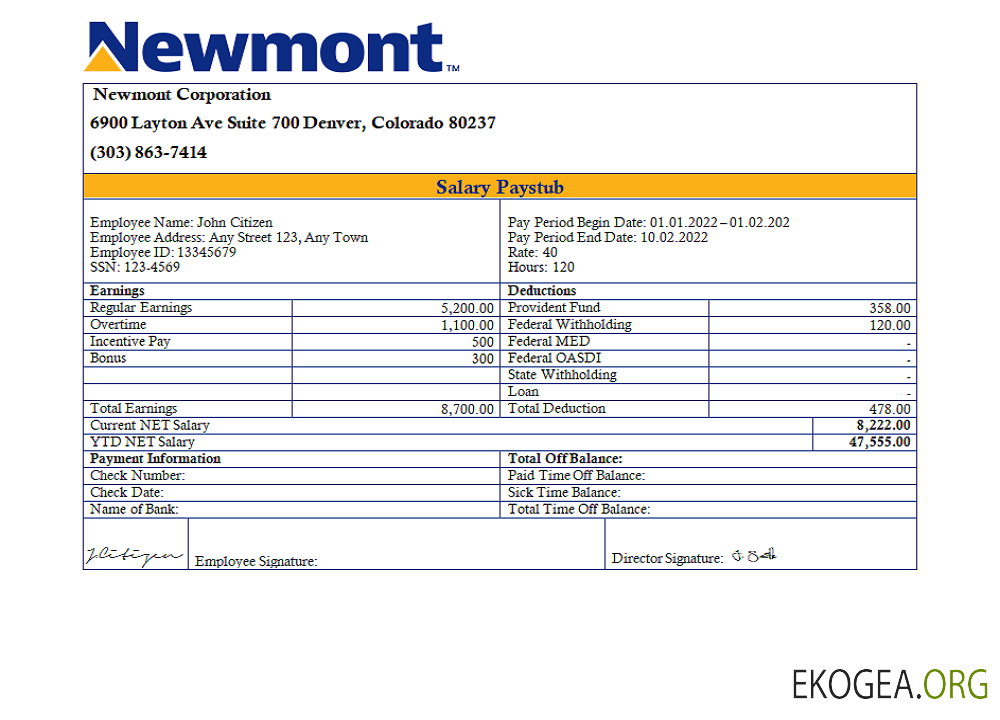 Bulletin de paie de la société minière USA Newmont Corporation